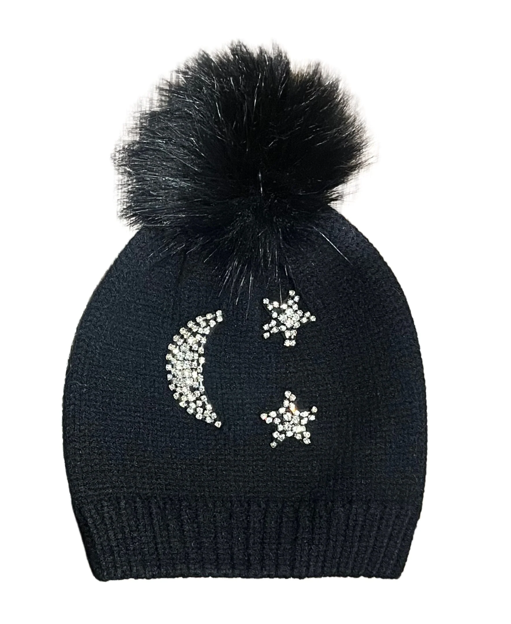 Kids Rhinestone Moon and Stars Pom Beanie