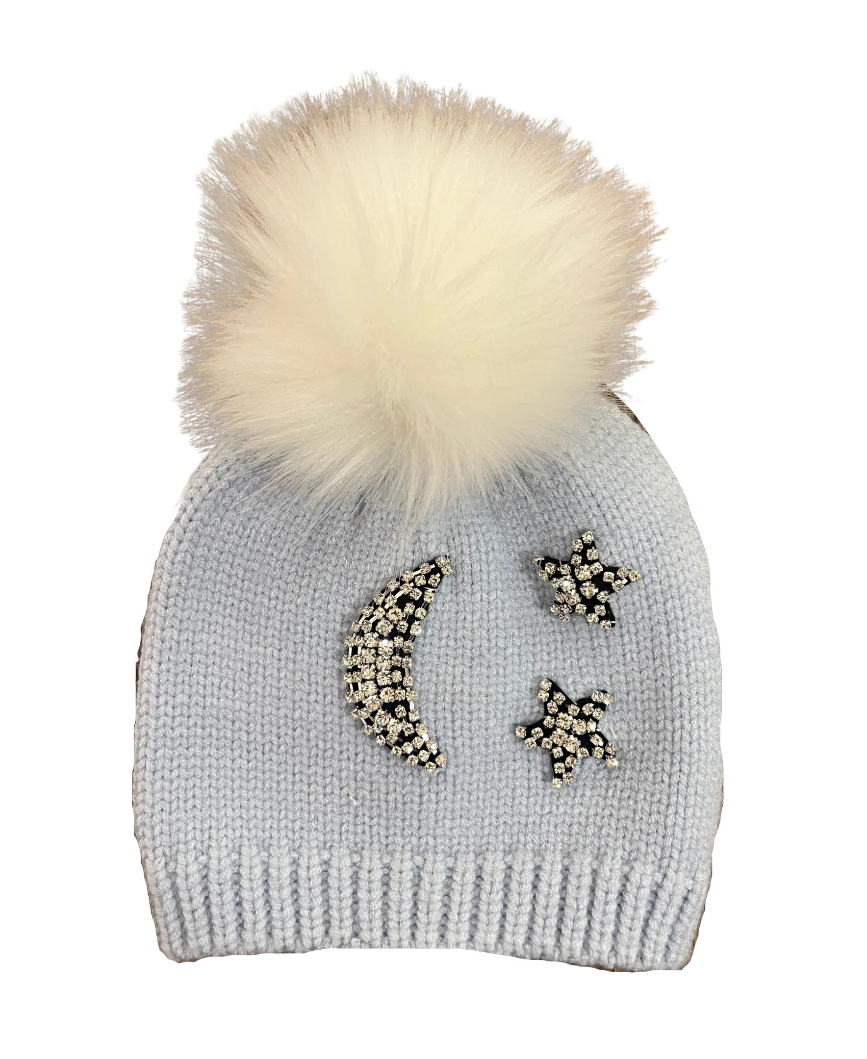 Kids Rhinestone Moon and Stars Pom Beanie - Image 2