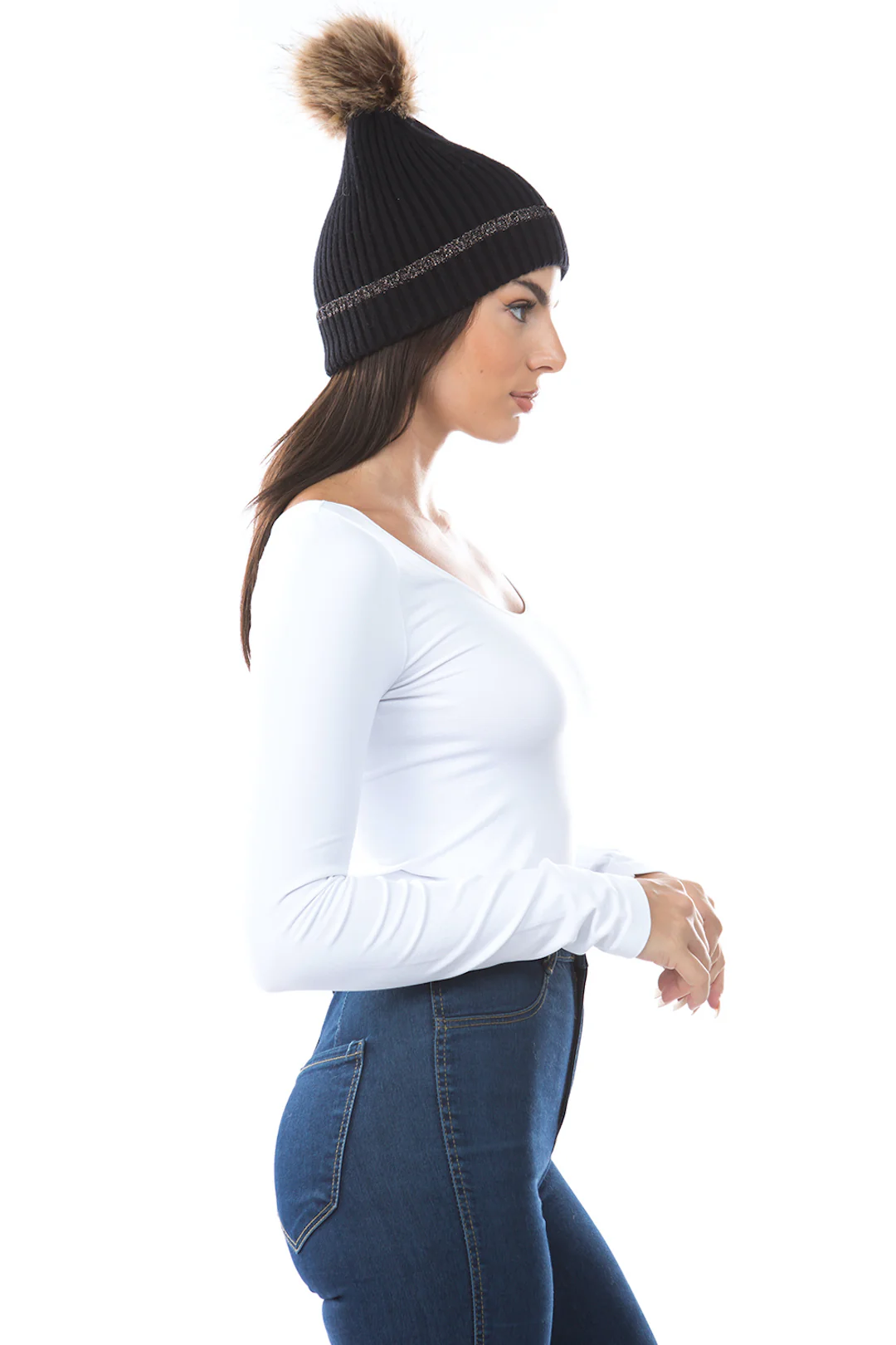 Ribbed Cuff Beanie with Pom - Image 3